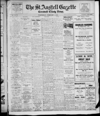cover page of St. Austell Gazette and Cornwall County News published on February 2, 1927