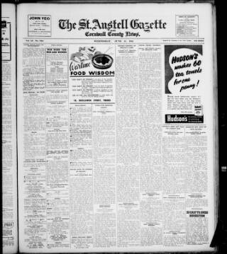 cover page of St. Austell Gazette and Cornwall County News published on June 18, 1941