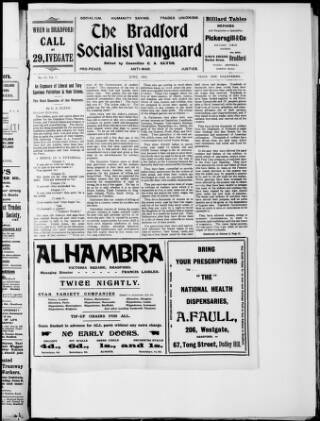 cover page of Bradford Socialist Vanguard published on June 1, 1915