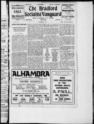 cover page of Bradford Socialist Vanguard published on December 1, 1915