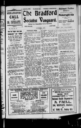cover page of Bradford Socialist Vanguard published on October 1, 1917