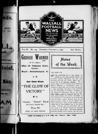 cover page of Walsall Football News published on February 2, 1924