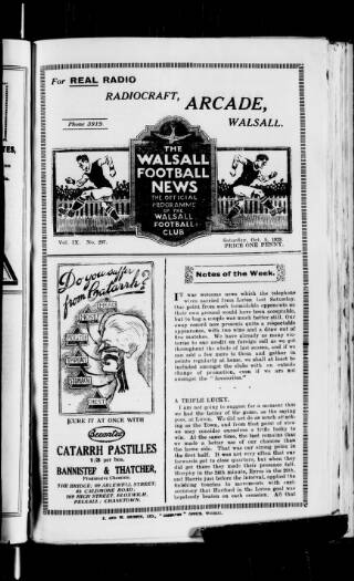 cover page of Walsall Football News published on October 5, 1929