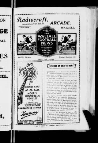 cover page of Walsall Football News published on March 19, 1932