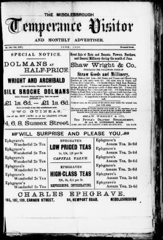cover page of Middlesbrough Temperance Visitor and Monthly Advertiser published on June 1, 1883