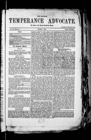 cover page of British Temperance Advocate published on March 1, 1875