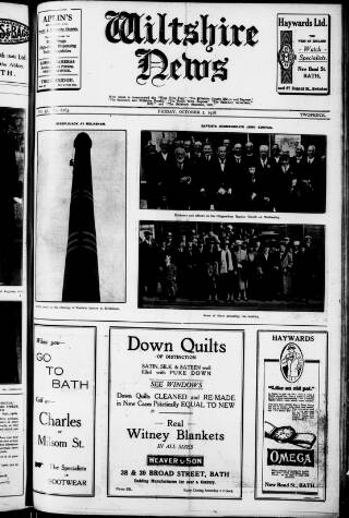 cover page of Wiltshire News published on October 5, 1928
