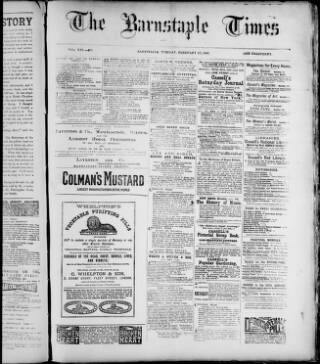 cover page of Barnstaple Times published on February 19, 1889