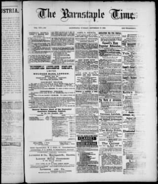 cover page of Barnstaple Times published on September 17, 1889