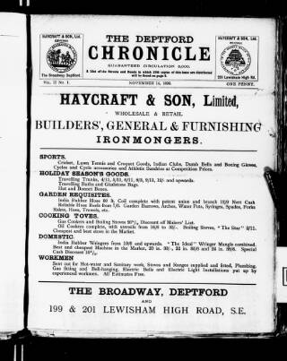 cover page of Deptford Chronicle published on November 14, 1896