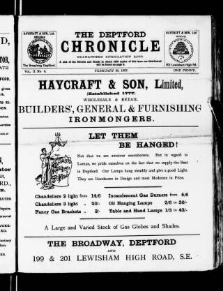 cover page of Deptford Chronicle published on February 20, 1897