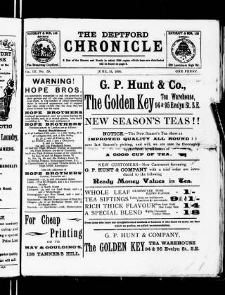 cover page of Deptford Chronicle published on June 25, 1898
