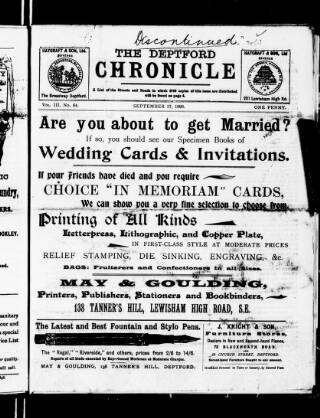 cover page of Deptford Chronicle published on September 17, 1898