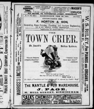 cover page of Birmingham Town Crier published on February 28, 1891