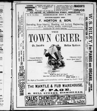 cover page of Birmingham Town Crier published on May 2, 1891