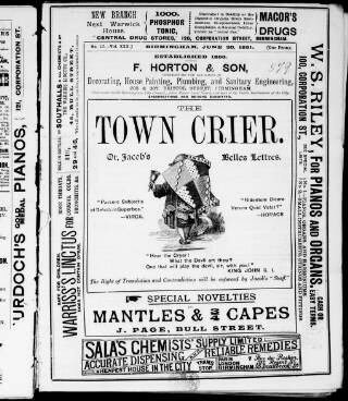 cover page of Birmingham Town Crier published on June 20, 1891