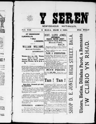 cover page of Seren (Bala, Wales) published on April 4, 1891