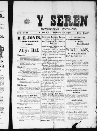 cover page of Seren (Bala, Wales) published on June 18, 1892