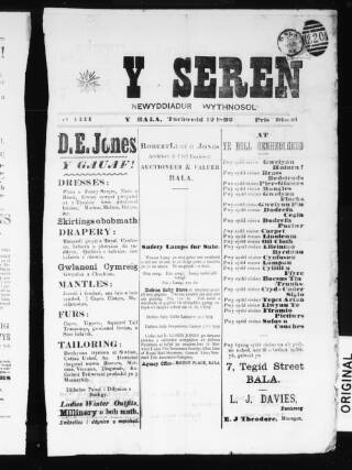 cover page of Seren (Bala, Wales) published on November 12, 1892