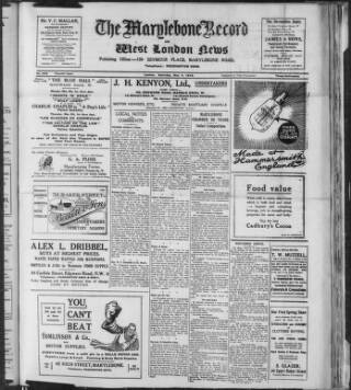 cover page of St. Marylebone and Paddington Record published on May 4, 1918
