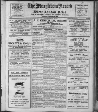 cover page of St. Marylebone and Paddington Record published on June 18, 1921