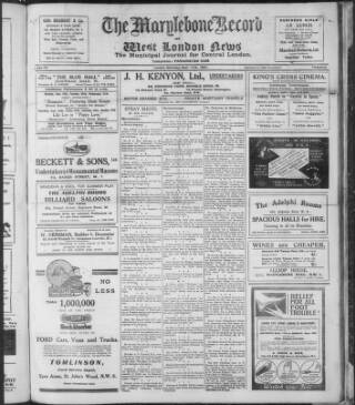 cover page of St. Marylebone and Paddington Record published on September 17, 1921