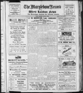 cover page of St. Marylebone and Paddington Record published on February 2, 1924