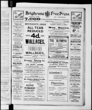 cover page of Brighouse Free Press and District Advertiser published on May 4, 1922