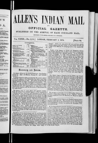 cover page of Allen's Indian Mail published on February 2, 1874