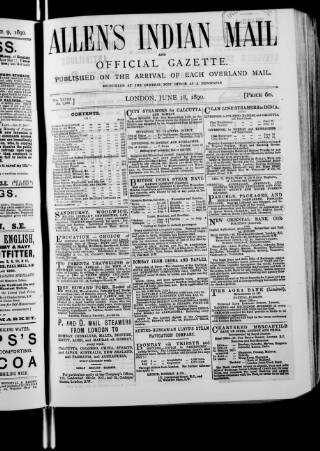 cover page of Allen's Indian Mail published on June 18, 1890