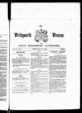cover page of Bridgnorth Beacon and South Shropshire Advertiser published on February 1, 1853