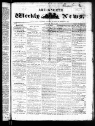 cover page of Bridgnorth Weekly News published on July 5, 1856