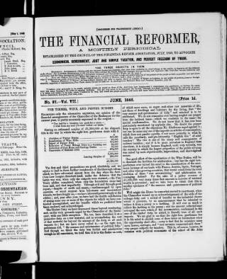 cover page of Financial Reformer published on June 1, 1866
