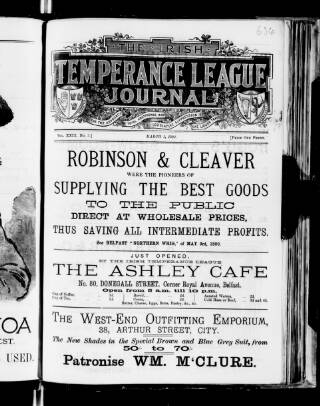 cover page of Irish Temperance League Journal published on March 1, 1892