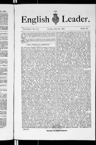 cover page of English Leader published on June 29, 1867