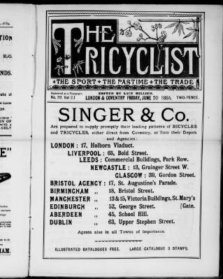 cover page of The Tricyclist published on June 20, 1884