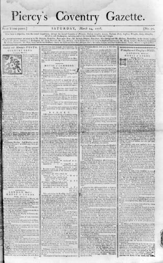 cover page of Piercy's Coventry Gazette published on March 14, 1778