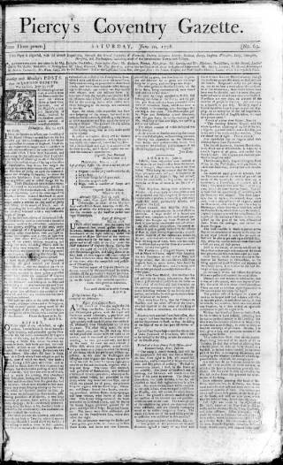 cover page of Piercy's Coventry Gazette published on June 20, 1778