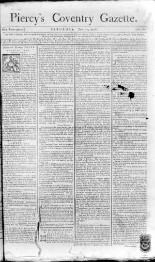 cover page of Piercy's Coventry Gazette published on June 27, 1778