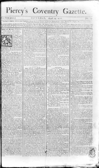cover page of Piercy's Coventry Gazette published on August 29, 1778