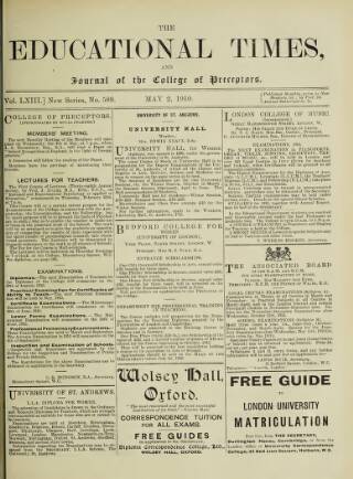 cover page of Educational Times published on May 2, 1910