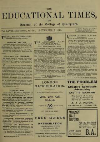 cover page of Educational Times published on November 2, 1914