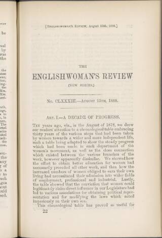cover page of Englishwoman's Review published on August 15, 1888