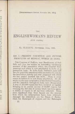 cover page of Englishwoman's Review published on November 15, 1888