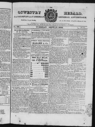 cover page of Oswestry Herald published on September 17, 1822