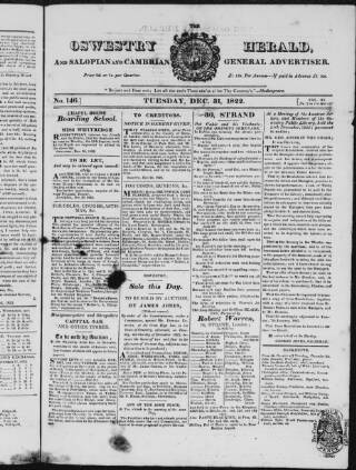 cover page of Oswestry Herald published on December 31, 1822